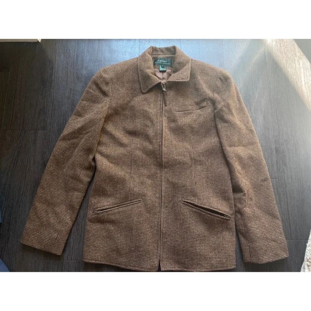 Lauren Ralph Lauren Herringbone Houndstooth Full Zip Jacket Small 6 Brown Fall - Picture 2 of 8